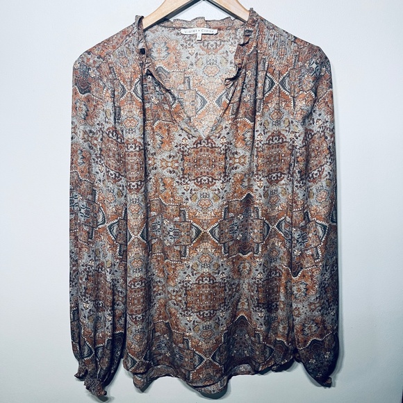 Violet + Claire Blouse Tunic Brown Gray Floral Paisley Fall Balloon Sleeve XL - Picture 1 of 6